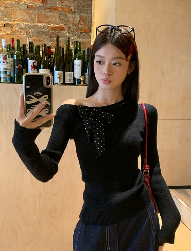 Sloping shoulder black sweater lazy tops for women