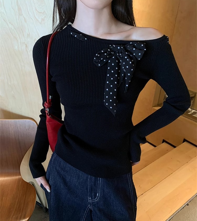 Sloping shoulder black sweater lazy tops for women