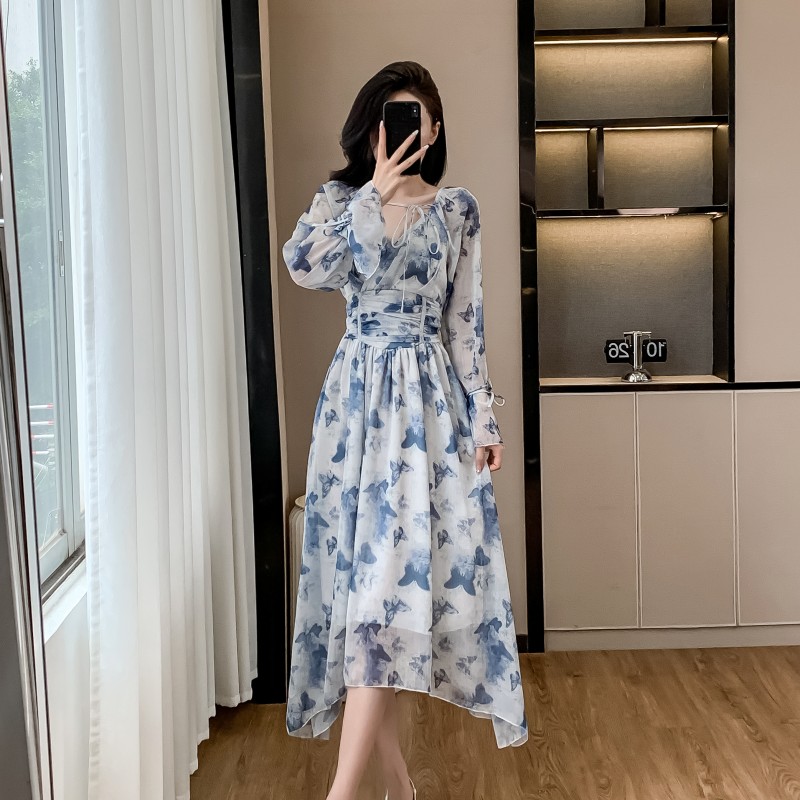 Pinched waist dress lotus sleeve long dress