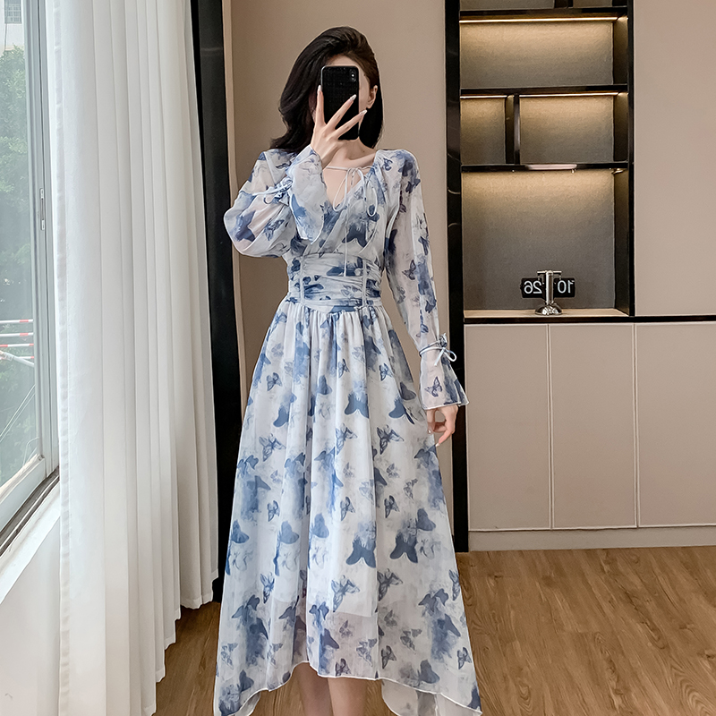 Pinched waist dress lotus sleeve long dress