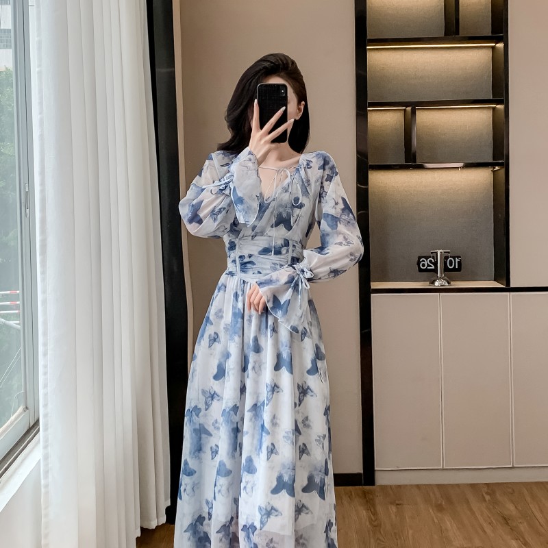 Pinched waist dress lotus sleeve long dress