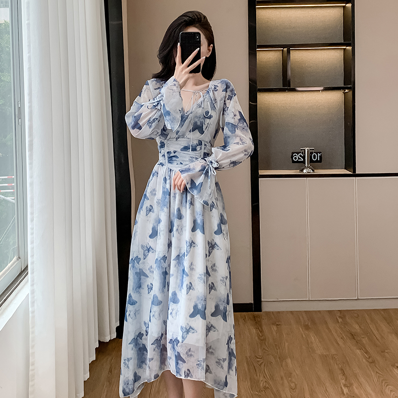 Pinched waist dress lotus sleeve long dress