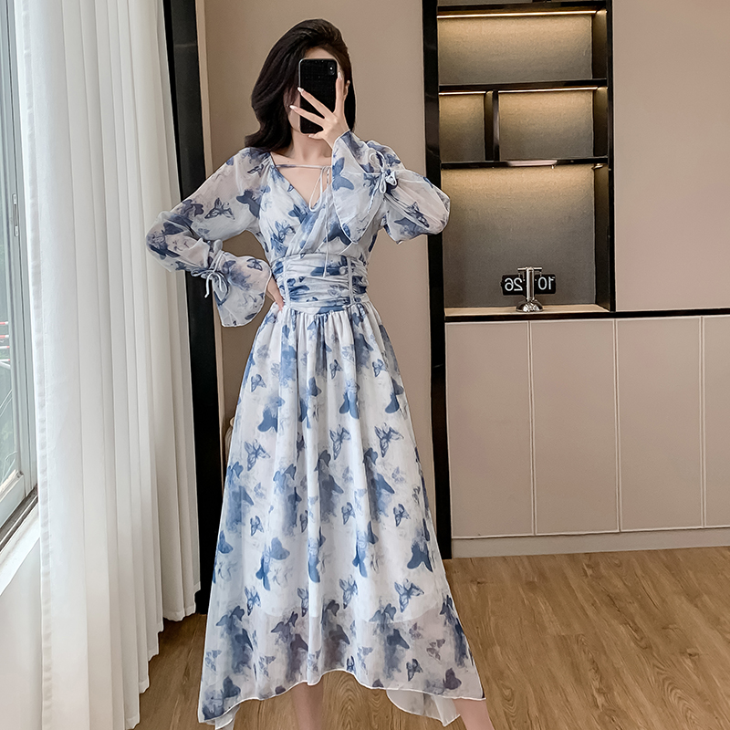 Pinched waist dress lotus sleeve long dress