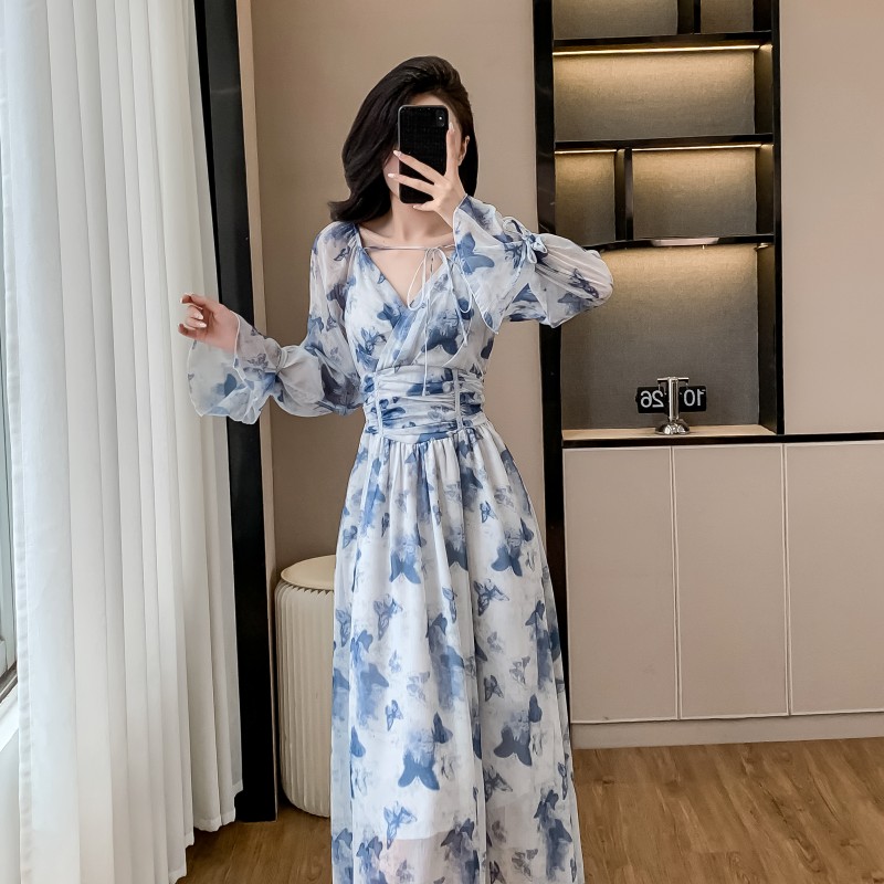 Pinched waist dress lotus sleeve long dress