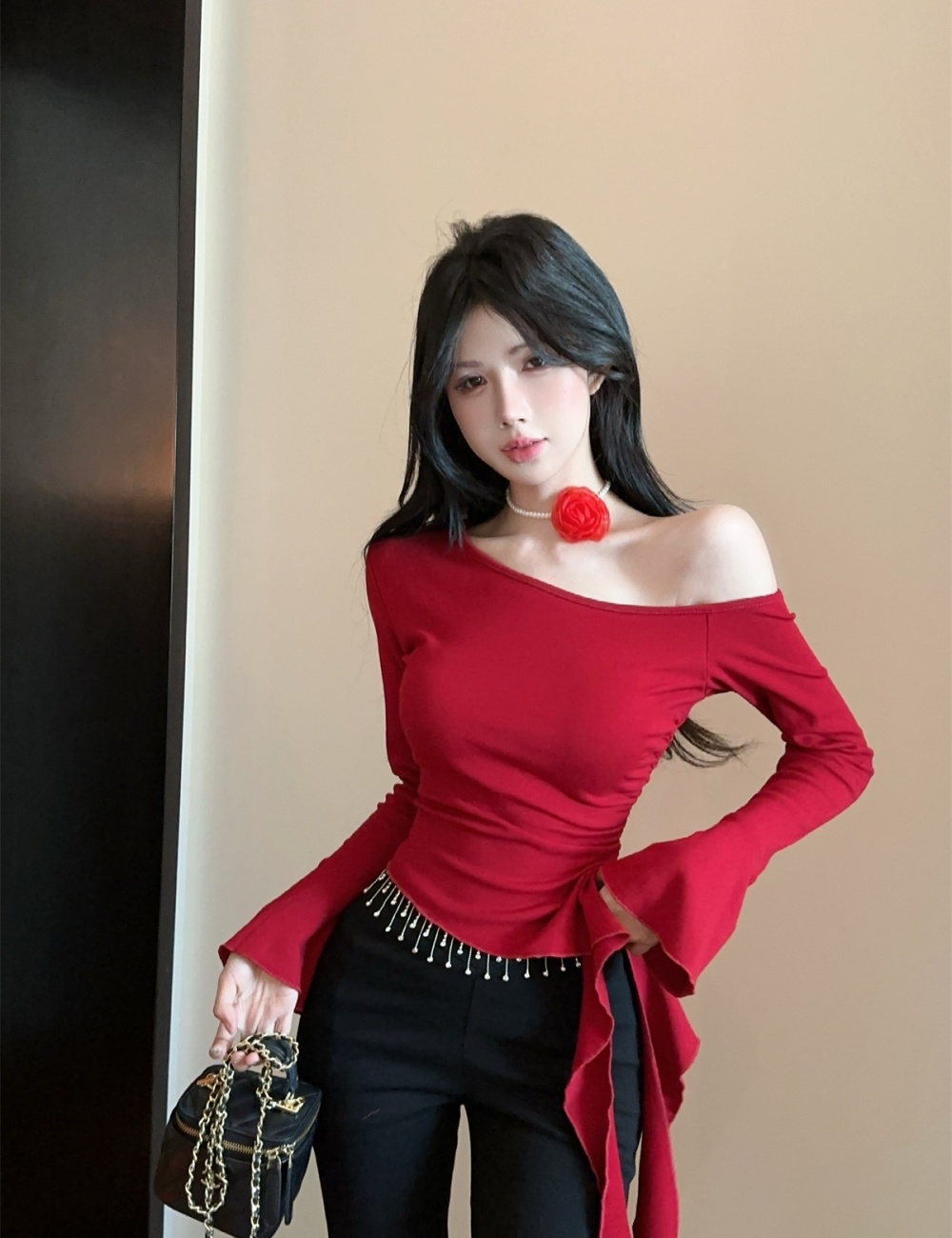 Oblique collar bottoming shirt T-shirt for women