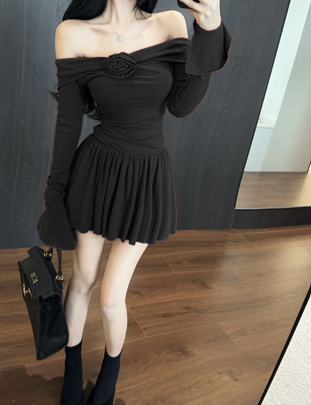 Trumpet sleeves stereoscopic T-back slim big skirt dress