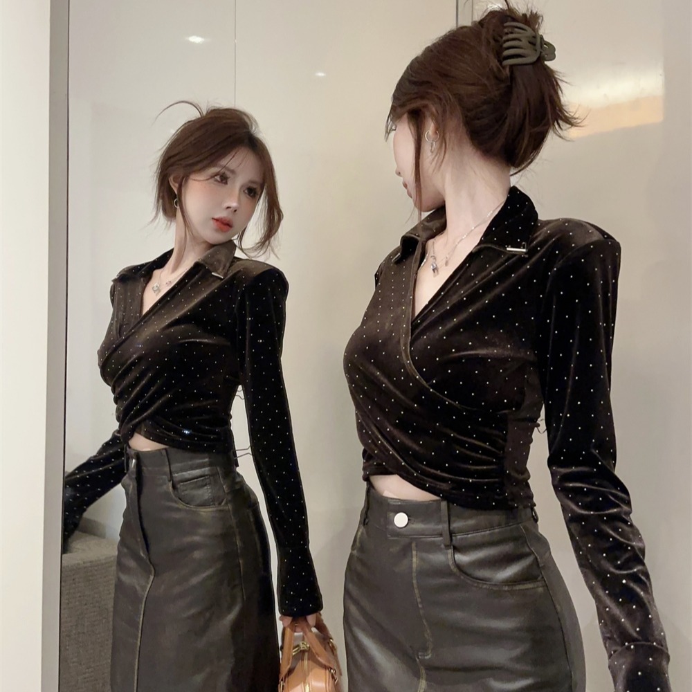 Rhinestone bottoming shirt short tops for women