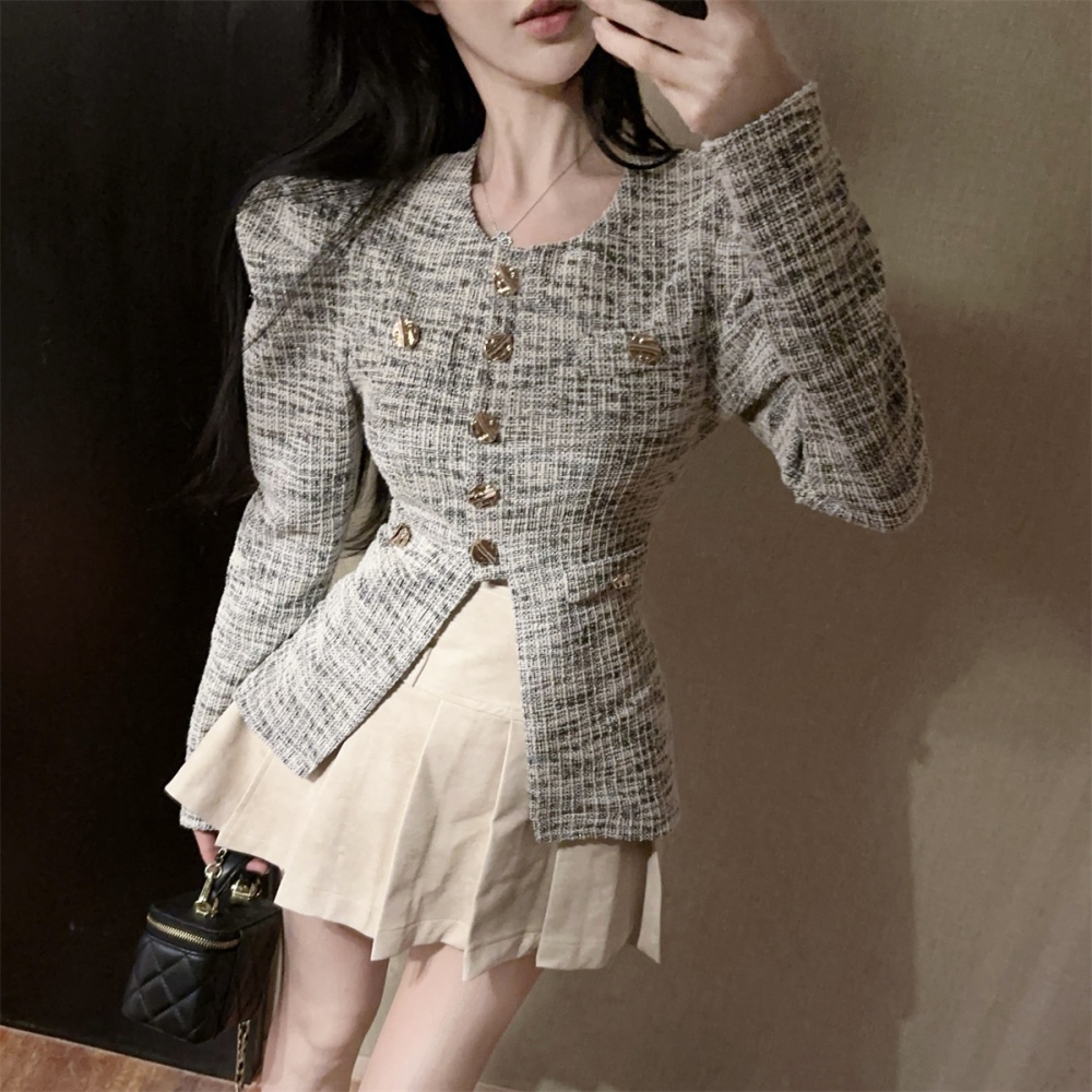 Puff sleeve gold buckle plaid chanelstyle fashion tops