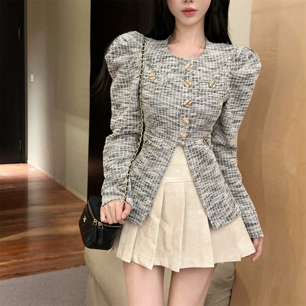 Puff sleeve gold buckle plaid chanelstyle fashion tops