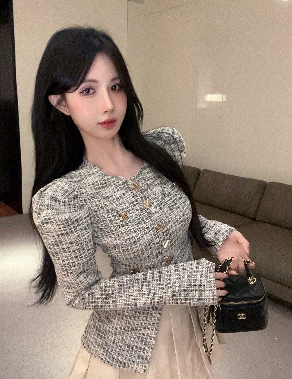 Puff sleeve gold buckle plaid chanelstyle fashion tops