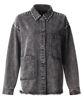 Denim lapel black-gray hem shirt autumn long sleeve coat