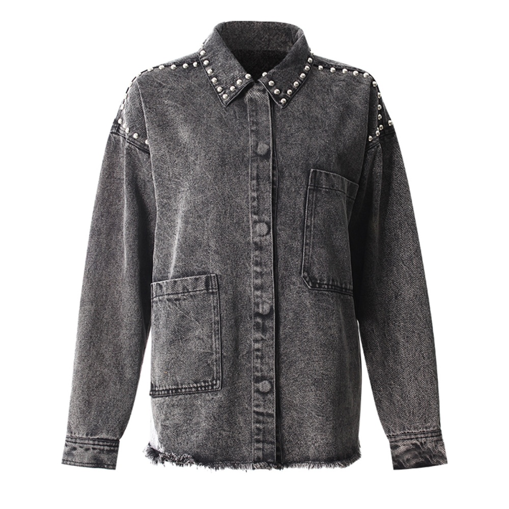 Denim lapel black-gray hem shirt autumn long sleeve coat