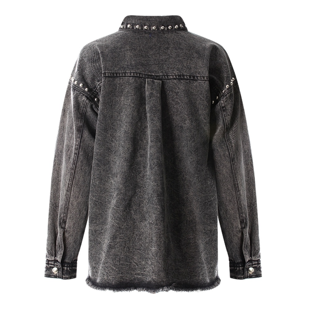 Denim lapel black-gray hem shirt autumn long sleeve coat