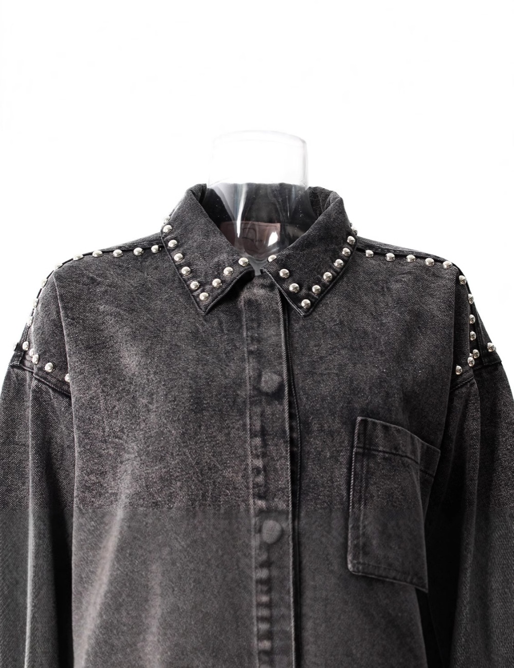 Denim lapel black-gray hem shirt autumn long sleeve coat