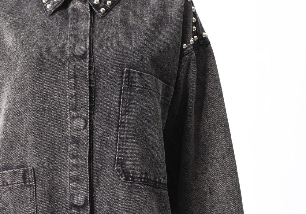 Denim lapel black-gray hem shirt autumn long sleeve coat