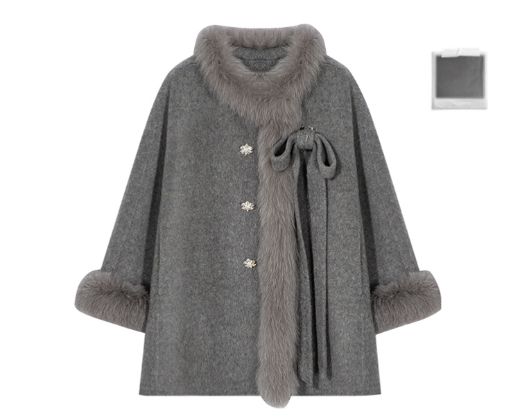 Fox fur woolen gray wool short white coat