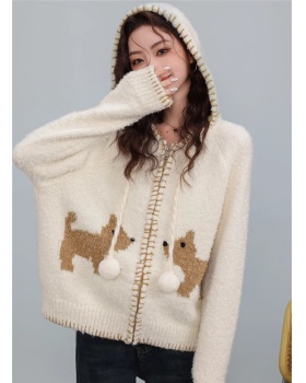 Puppy lazy knitted hooded cardigan retro loose winter sweater