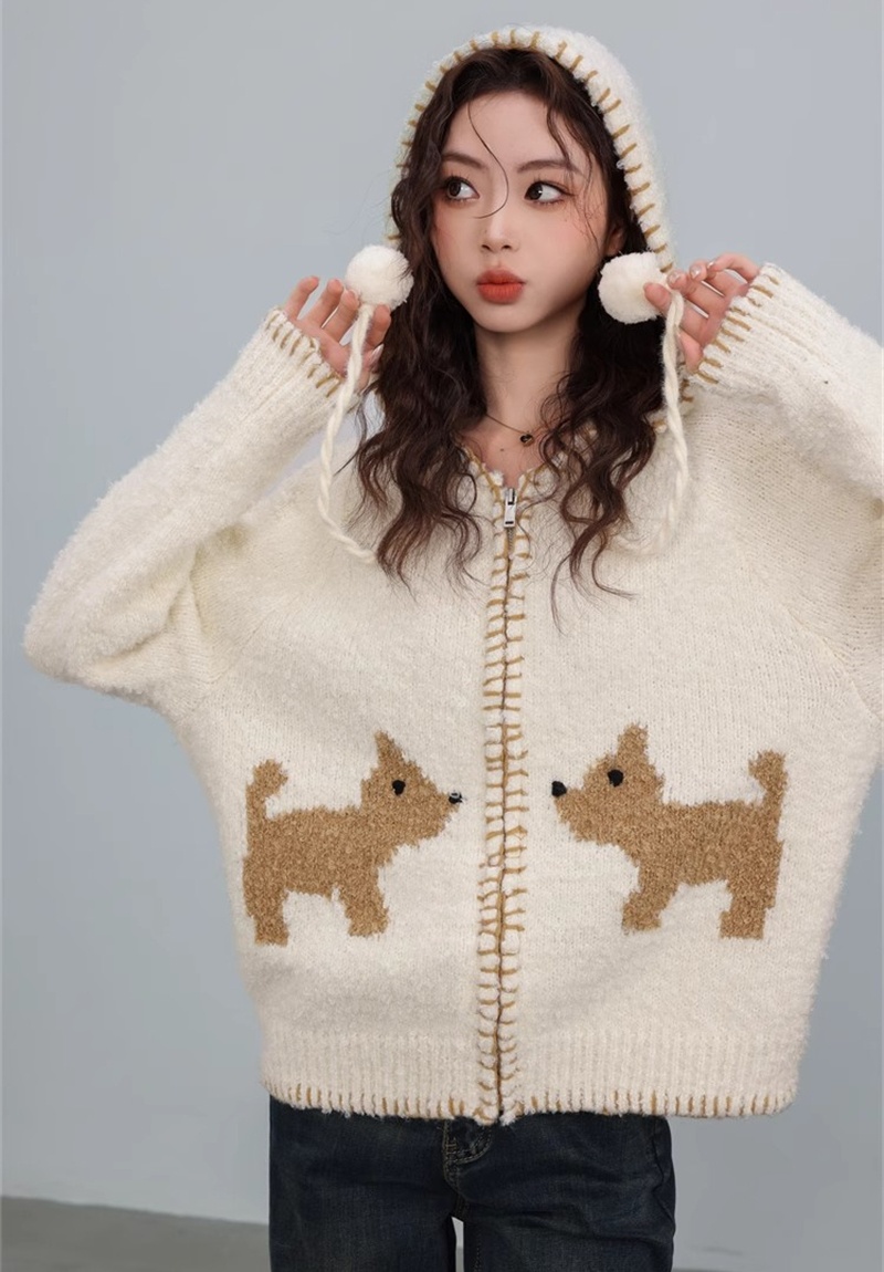 Puppy lazy knitted hooded cardigan retro loose winter sweater