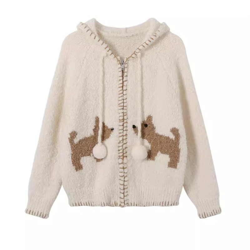 Puppy lazy knitted hooded cardigan retro loose winter sweater