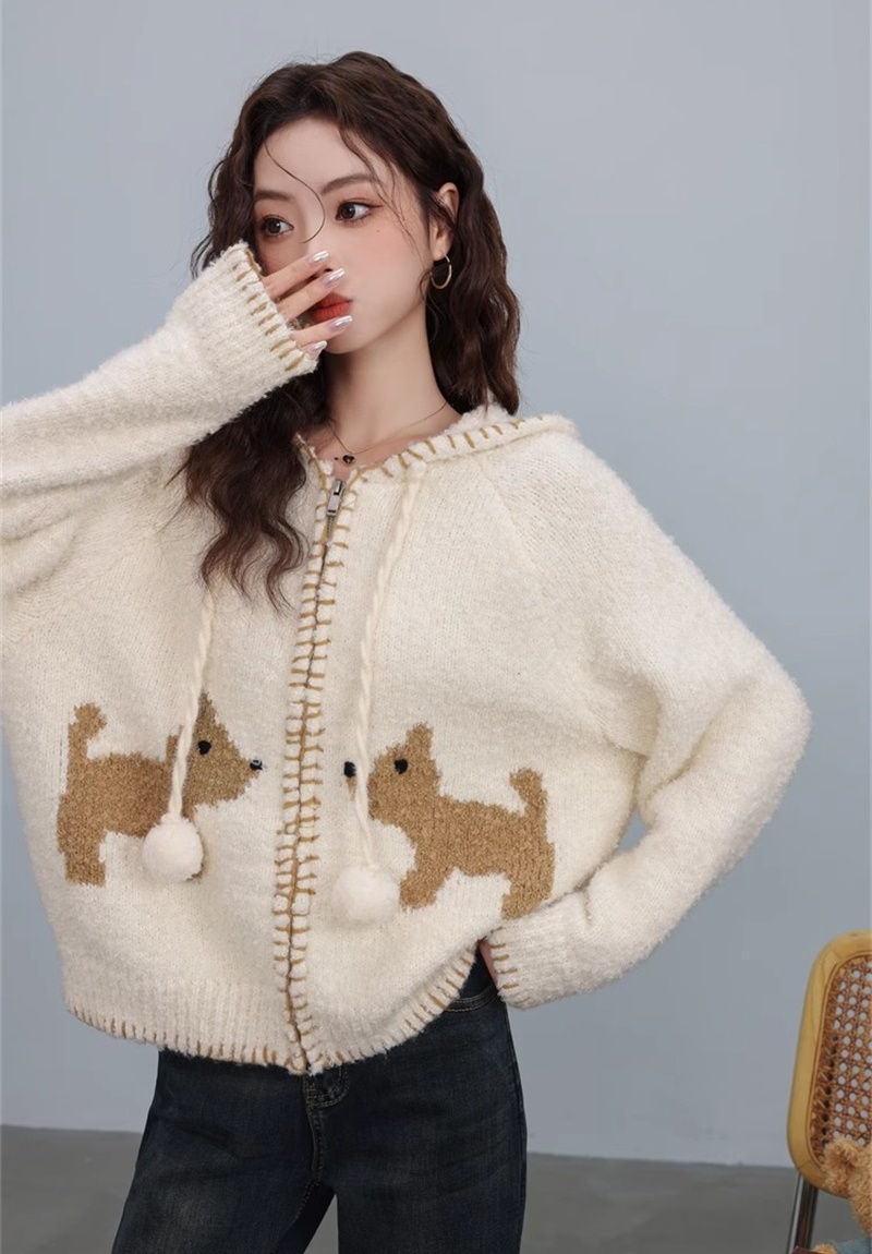 Puppy lazy knitted hooded cardigan retro loose winter sweater