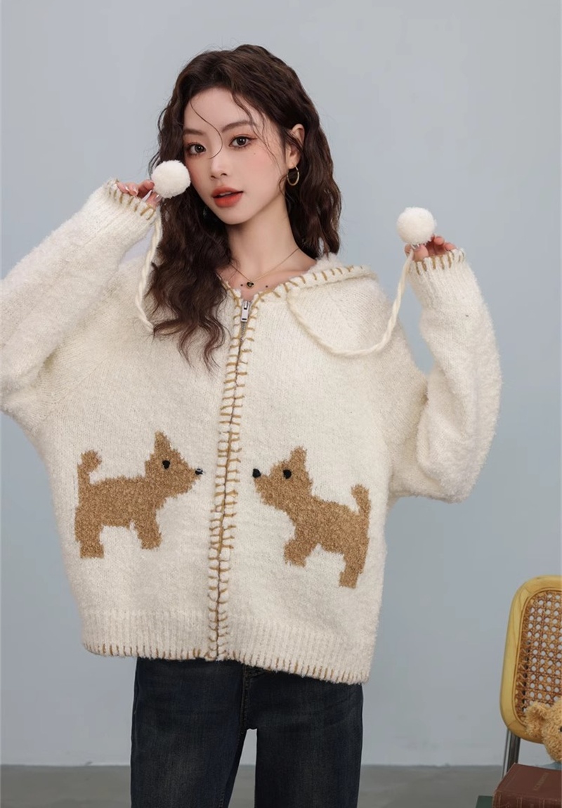 Puppy lazy knitted hooded cardigan retro loose winter sweater