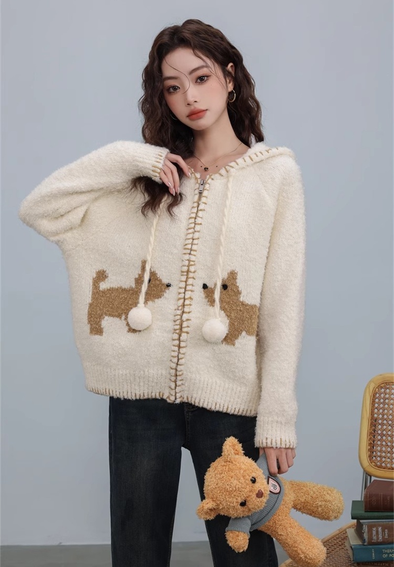 Puppy lazy knitted hooded cardigan retro loose winter sweater