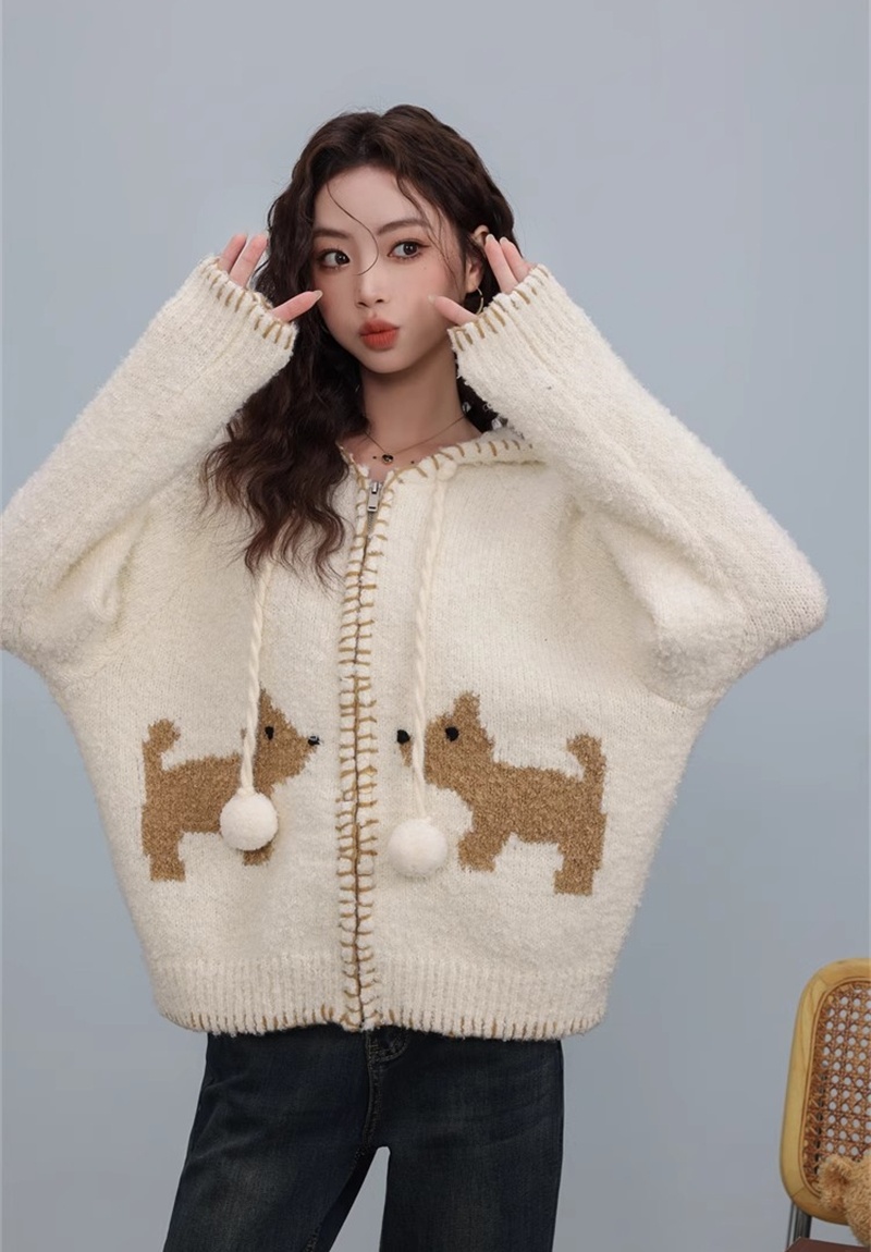 Puppy lazy knitted hooded cardigan retro loose winter sweater