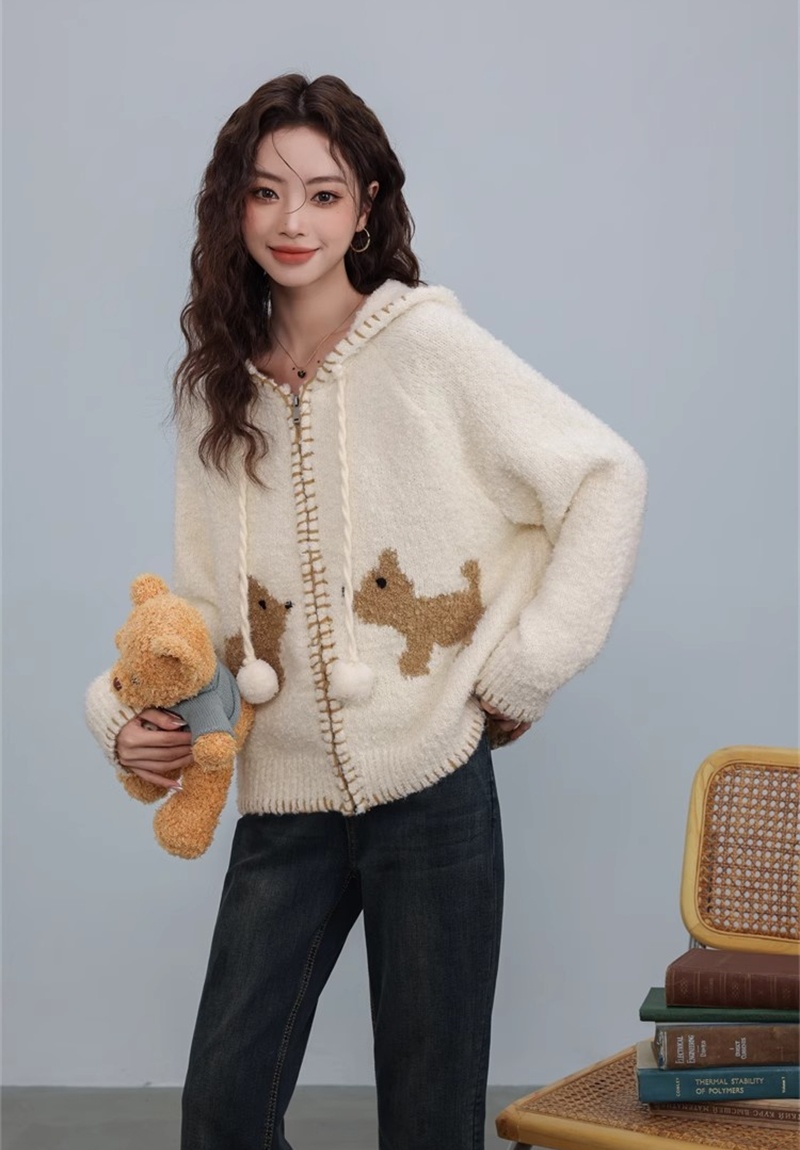 Puppy lazy knitted hooded cardigan retro loose winter sweater