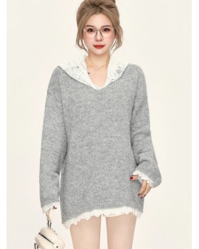 Splice long lazy sweater autumn and winter lace tops