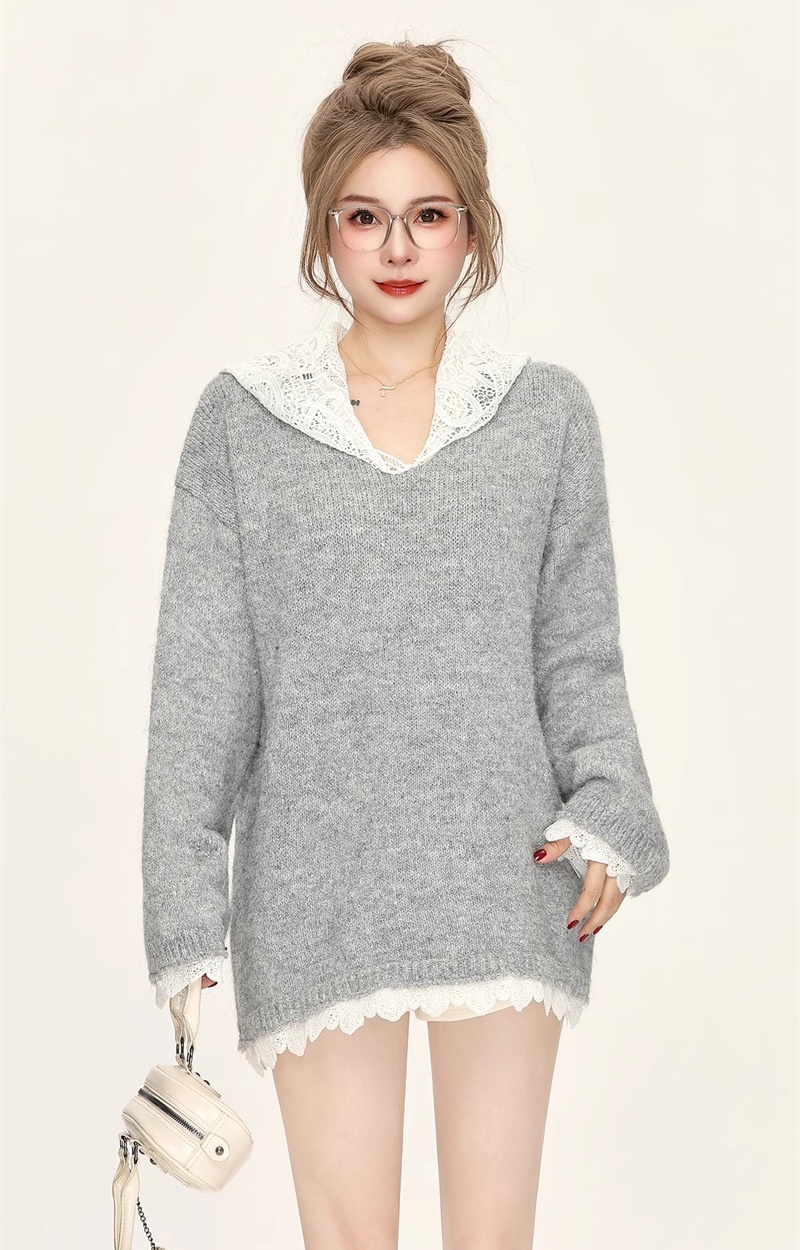 Splice long lazy sweater autumn and winter lace tops