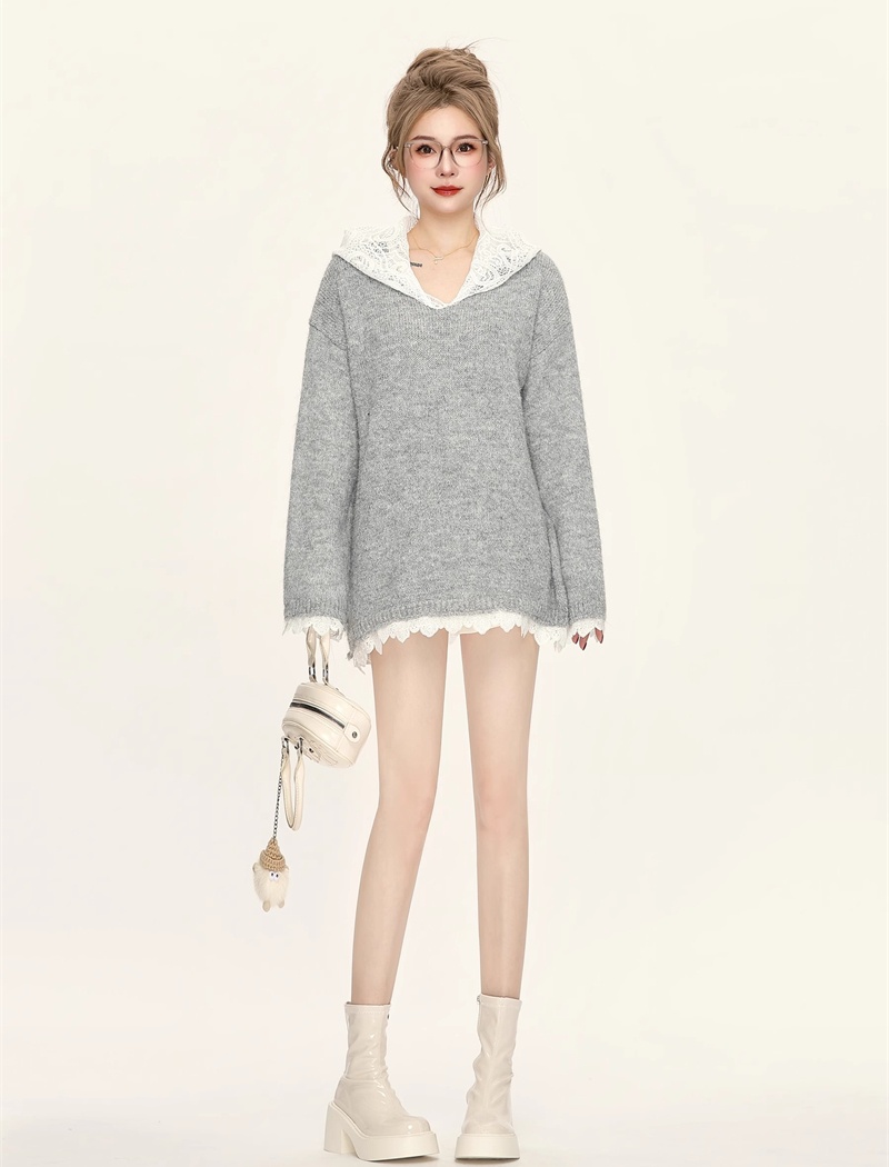 Splice long lazy sweater autumn and winter lace tops