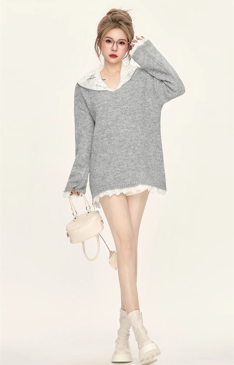 Splice long lazy sweater autumn and winter lace tops