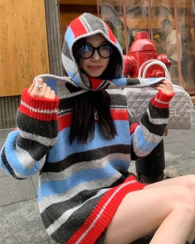 Loose hooded retro sweater stripe lazy tops for women