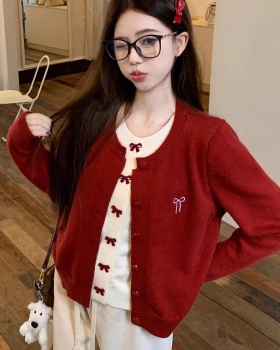 Pseudo-two red bow coat cashmere embroidery show young sweater