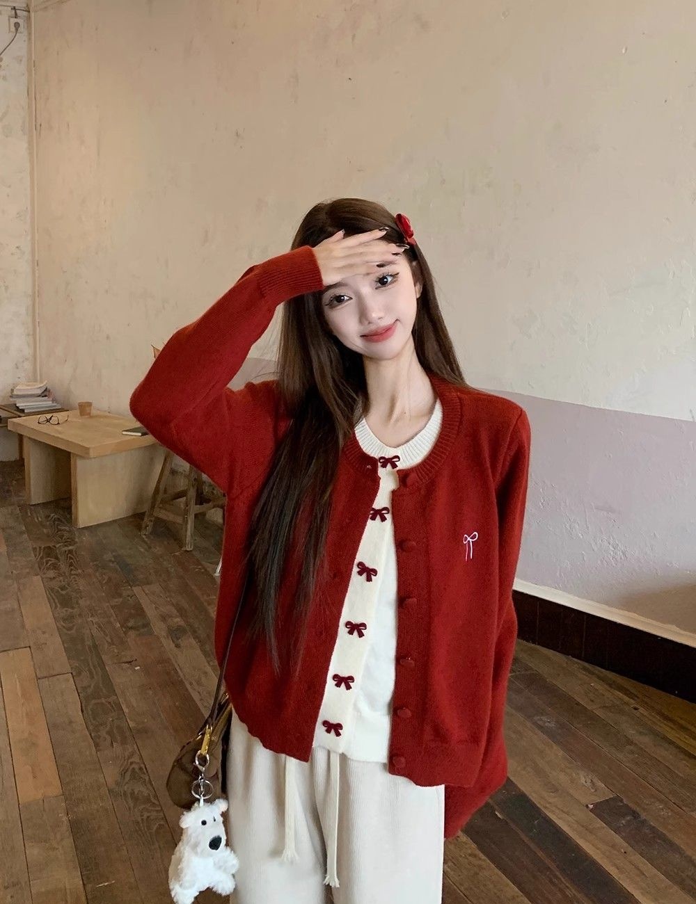 Pseudo-two red bow coat cashmere embroidery show young sweater