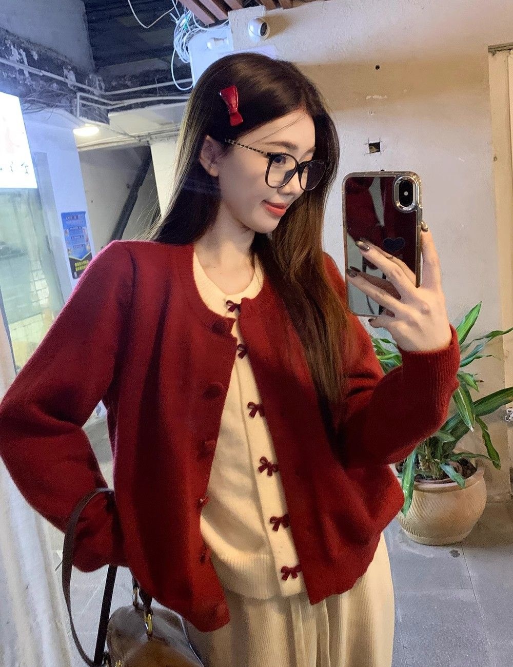 Pseudo-two red bow coat cashmere embroidery show young sweater