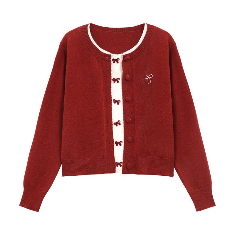 Pseudo-two red bow coat cashmere embroidery show young sweater