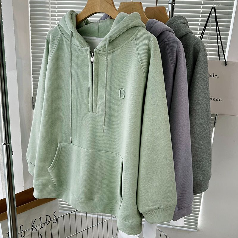 Autumn loose coat embroidery half zip hoodie for women