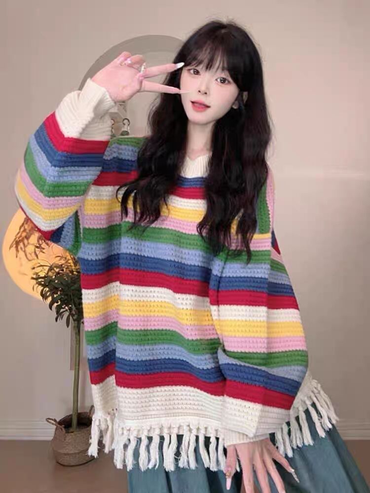 Autumn tassels knitted cardigan colors long sleeve coat