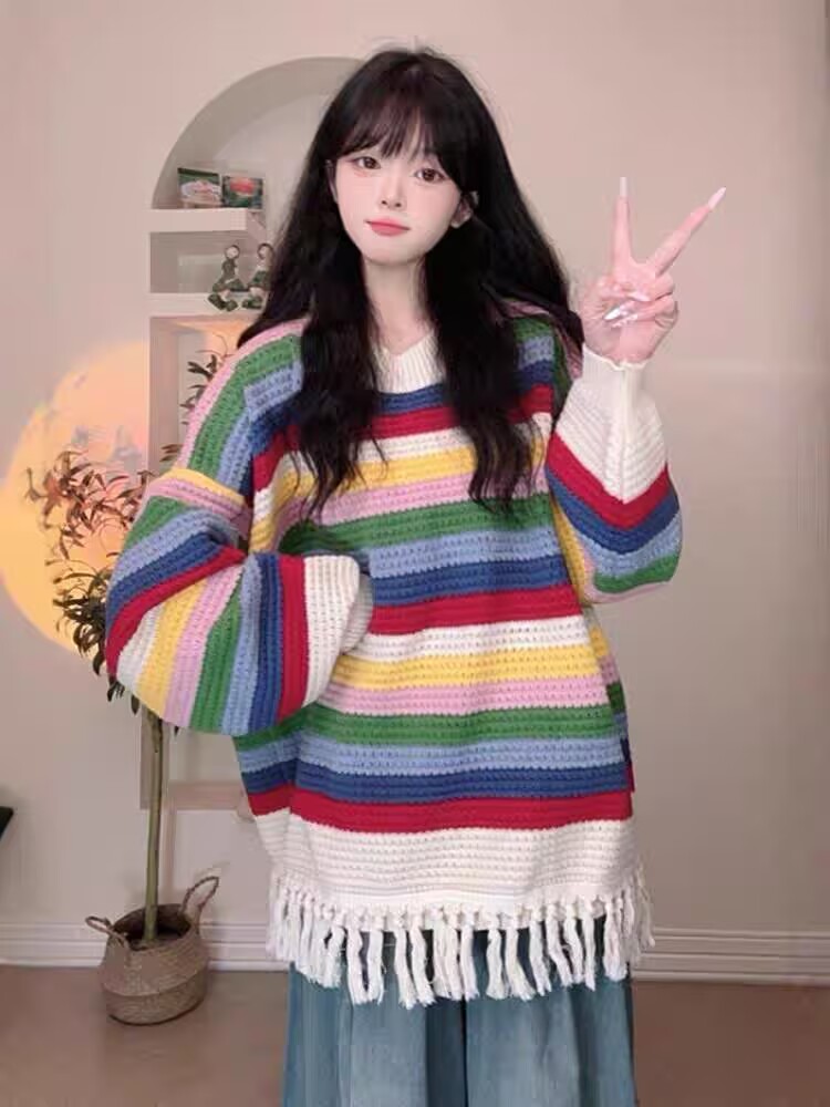 Autumn tassels knitted cardigan colors long sleeve coat