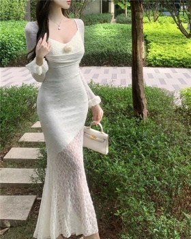 Square collar lace long dress sexy temperament dress