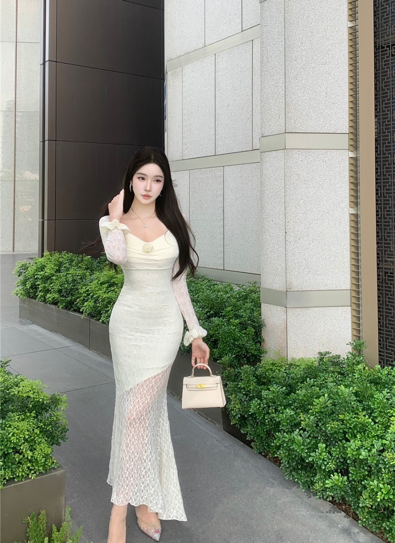 Square collar lace long dress sexy temperament dress