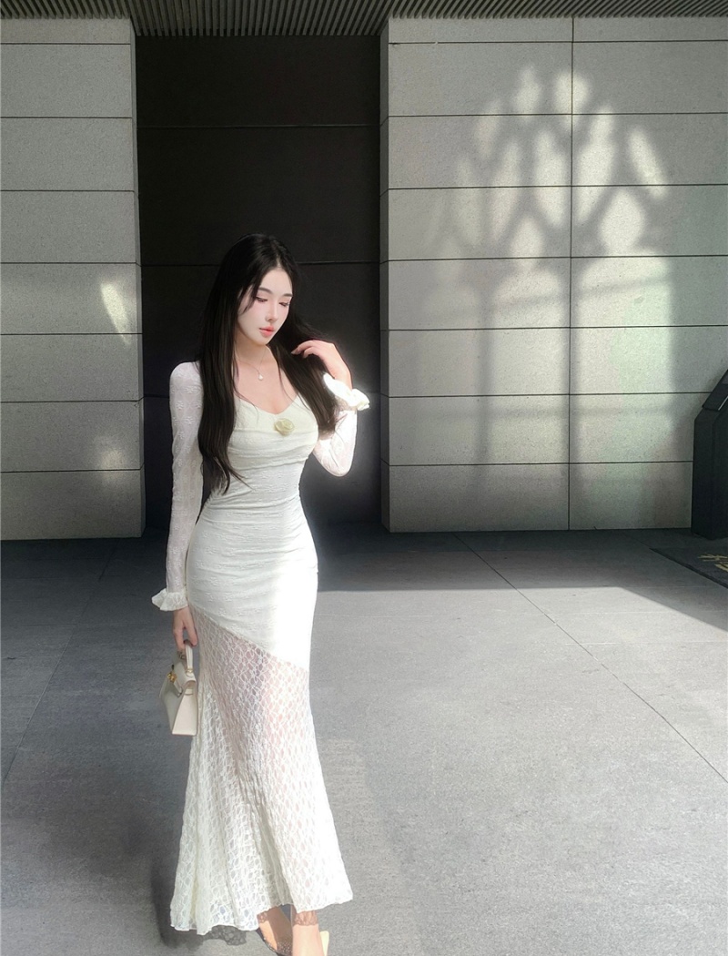 Square collar lace long dress sexy temperament dress