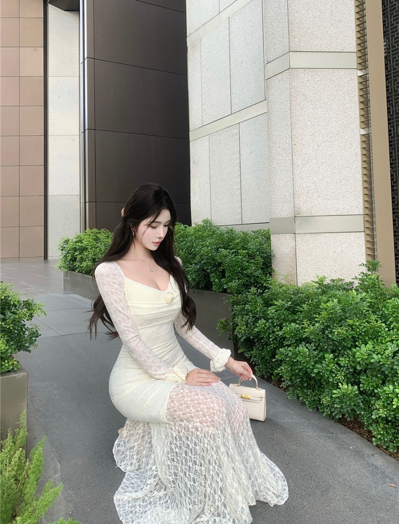 Square collar lace long dress sexy temperament dress