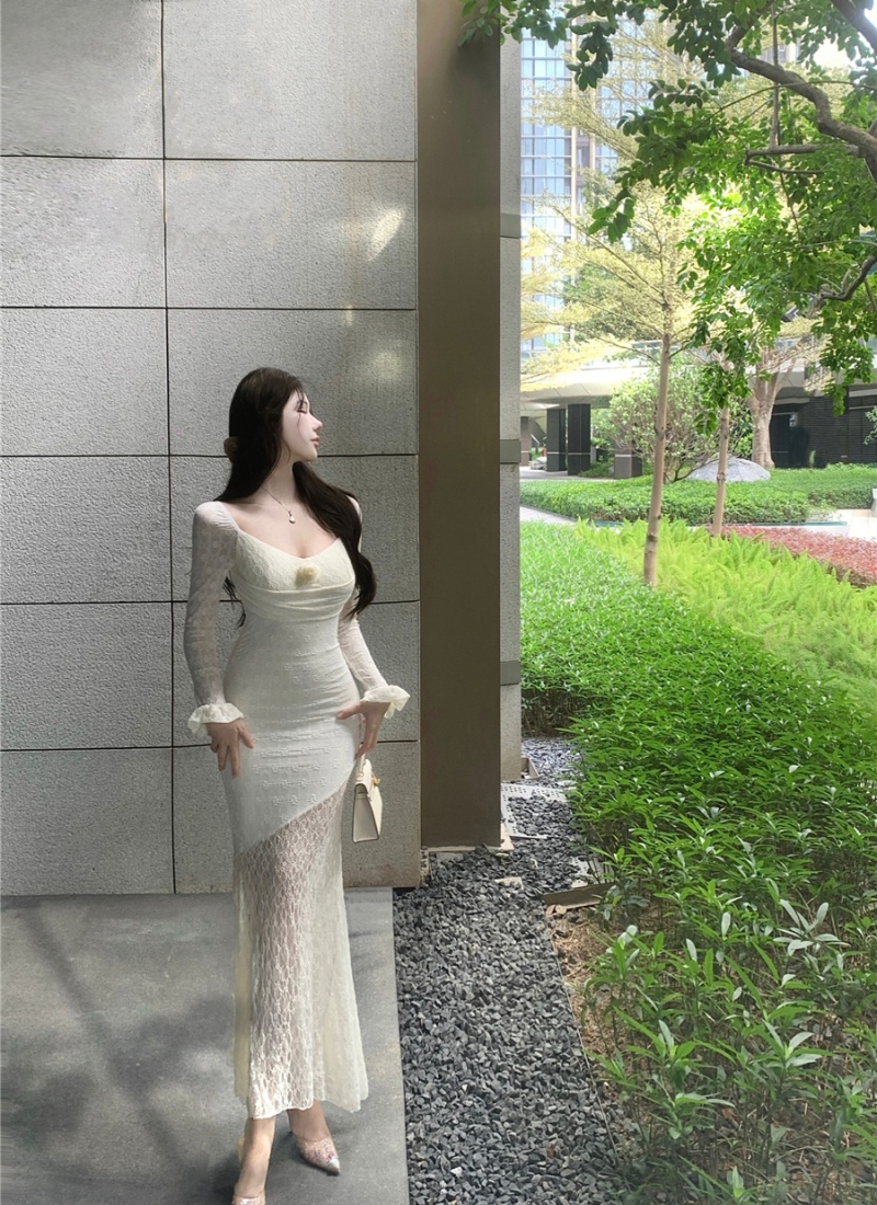 Square collar lace long dress sexy temperament dress