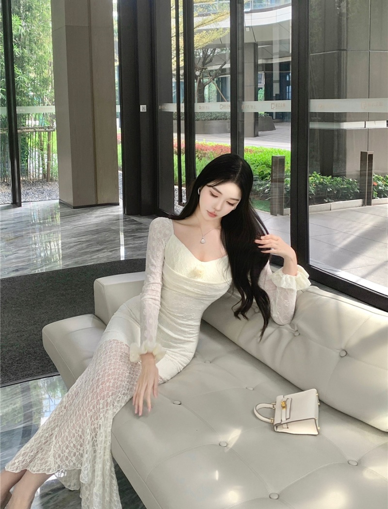 Square collar lace long dress sexy temperament dress