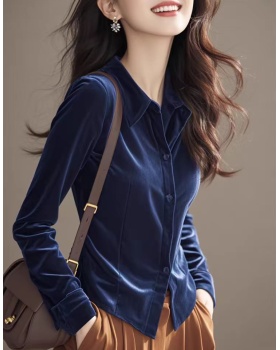 Velvet fashionable tops temperament blue shirt