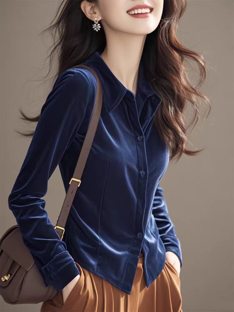 Velvet fashionable tops temperament blue shirt