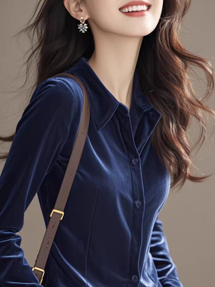 Velvet fashionable tops temperament blue shirt