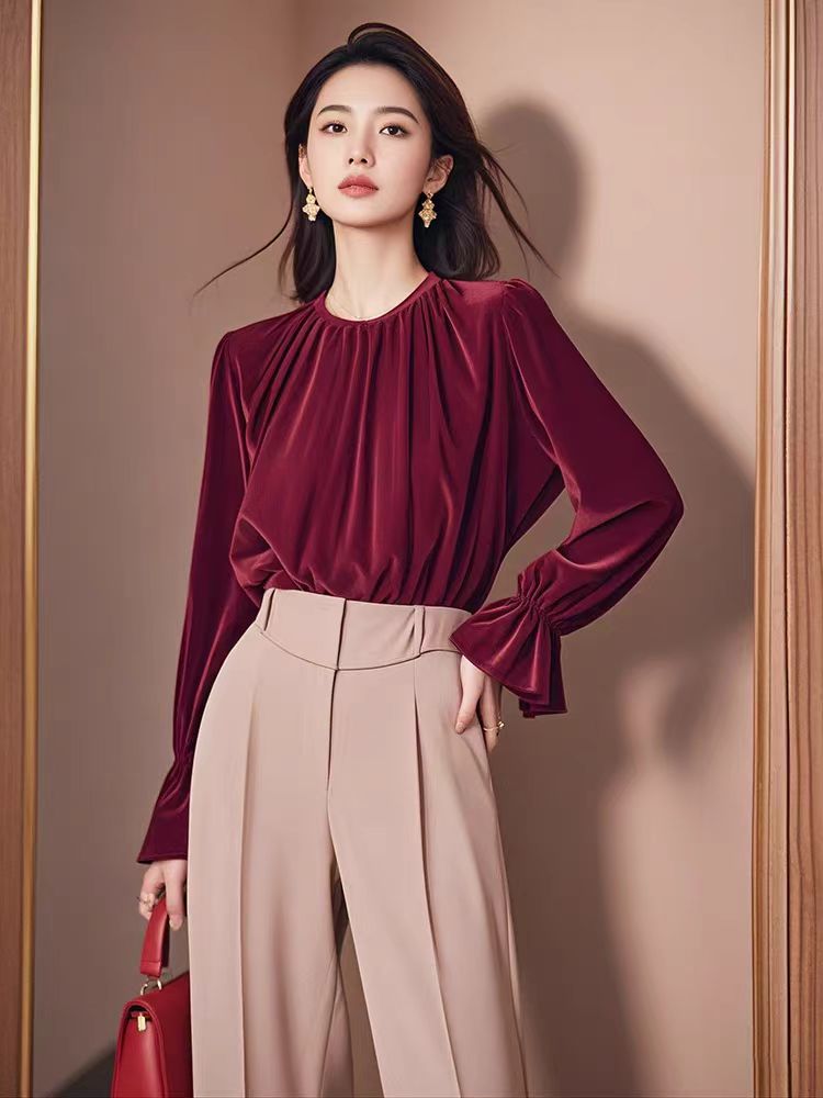 Wine-red small shirt autumn and winter shirt for women